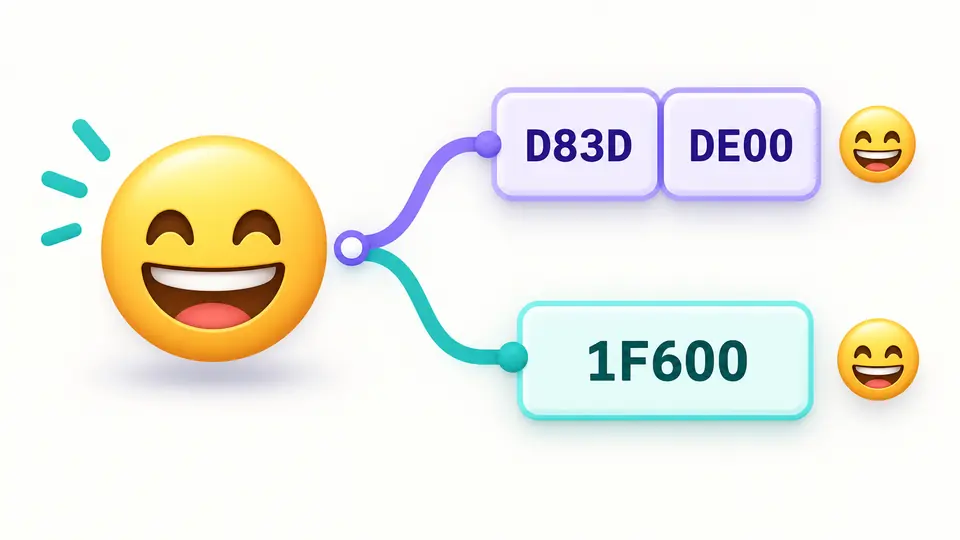 An emoji maps to the UTF-16 units D83D and DE00 above and the code point 1F600 below.
