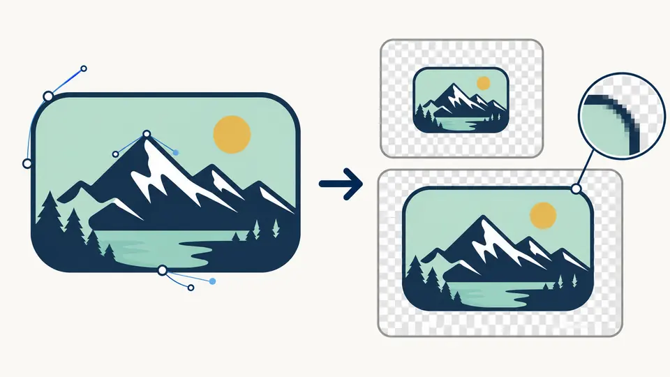 Une forme vectorielle et son export proportionnel en pixels sur un damier transparent.