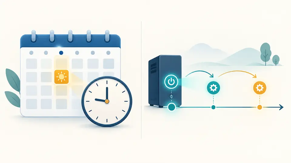 Two parallel timelines show a fixed wall-clock event and a boot-relative activation.
