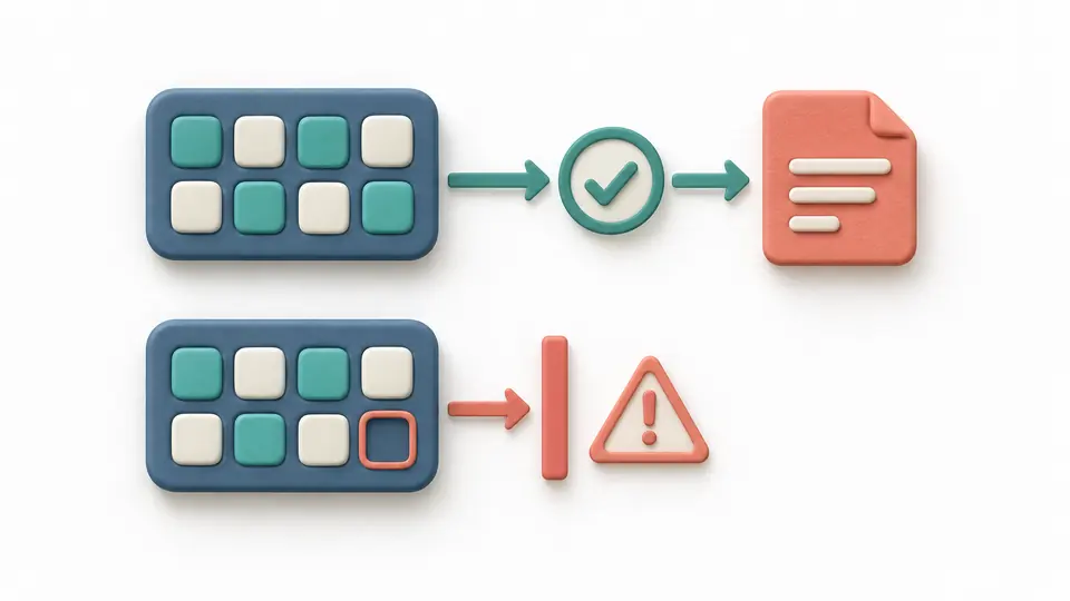 Complete byte groups pass through a check; an incomplete group is stopped and highlighted.