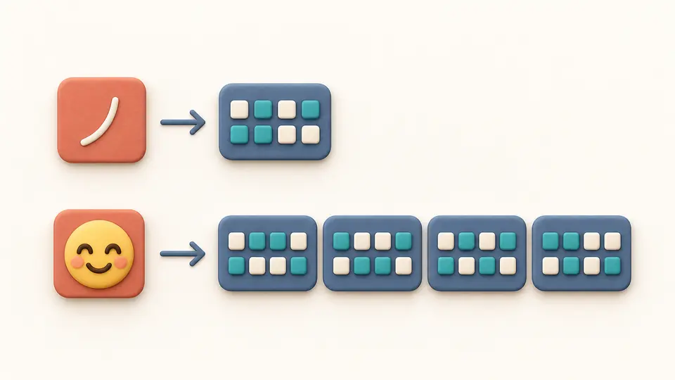 One symbol maps to one byte tile while a complex symbol expands into several equal byte tiles.