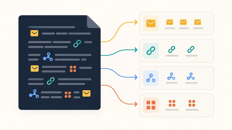 A mixed source document feeds separate lists marked by envelope, link, network and number symbols.