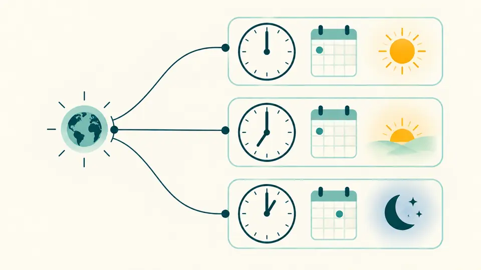 One central instant connects to three clocks and calendar cards showing different local times.