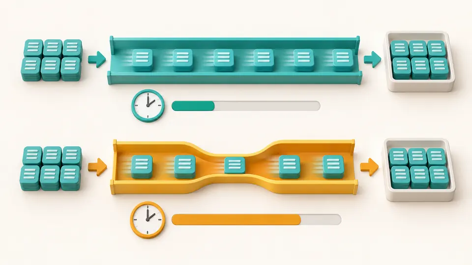 Equal data blocks pass through full and partly usable channels, with a longer time bar under the reduced-throughput path.