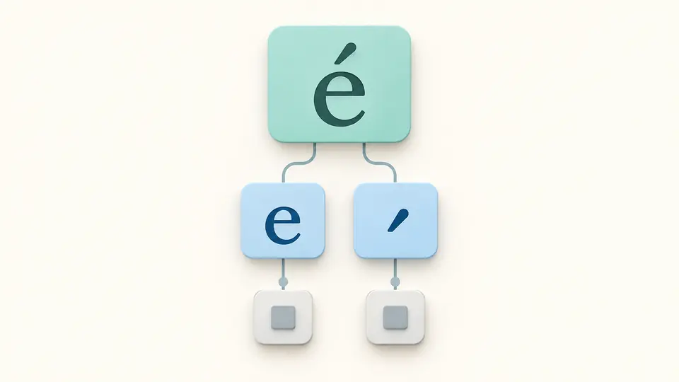 One accented character separated into a base letter and combining mark, with their underlying units.
