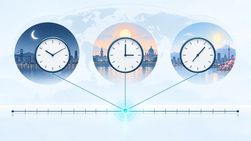 Un instante en una línea de tiempo se conecta con relojes de diferentes zonas.