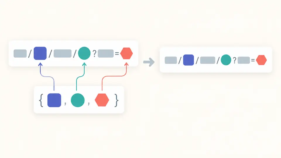 Colored values fill matching slots in a template and form path and query segments.