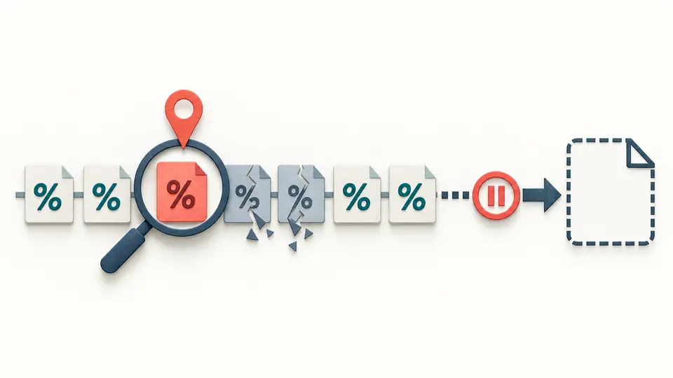 A damaged sequence of percent-encoding tiles is marked at its first tile while output is paused.