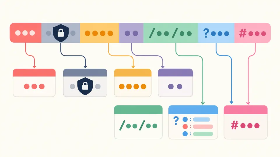 A single address separates into colored component blocks, with its credential segment concealed.