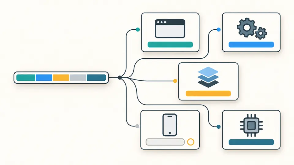 A segmented input line branches into browser, engine, operating system, device and processor cards, with an empty device slot.