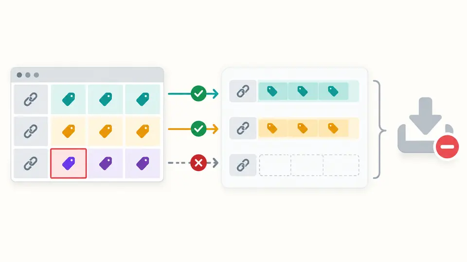 Several spreadsheet rows become corresponding links; an invalid row blocks the batch export.