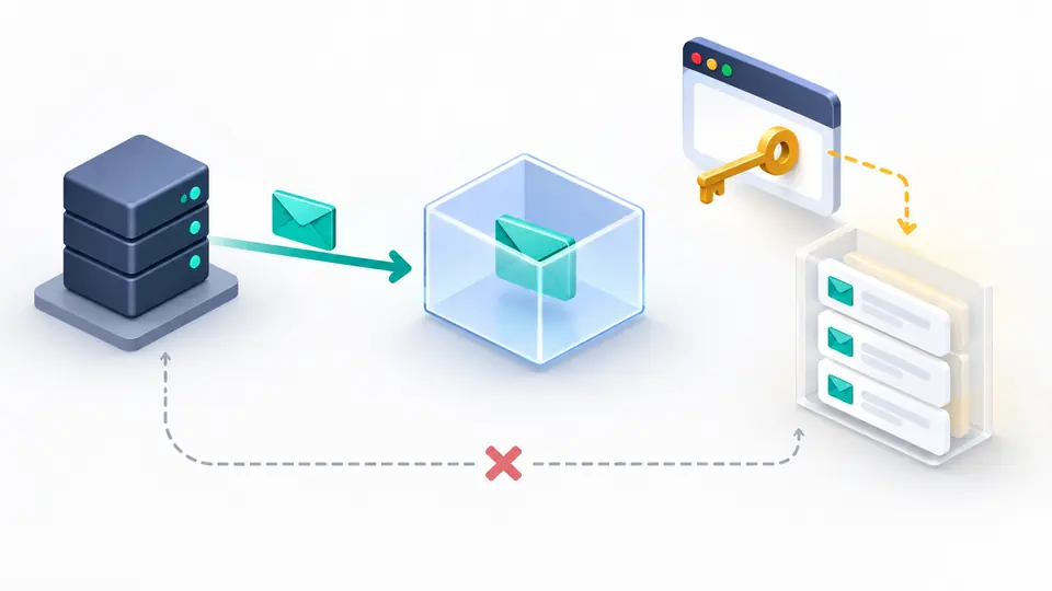 A public request enters an inbox while a separate private key opens the event list.