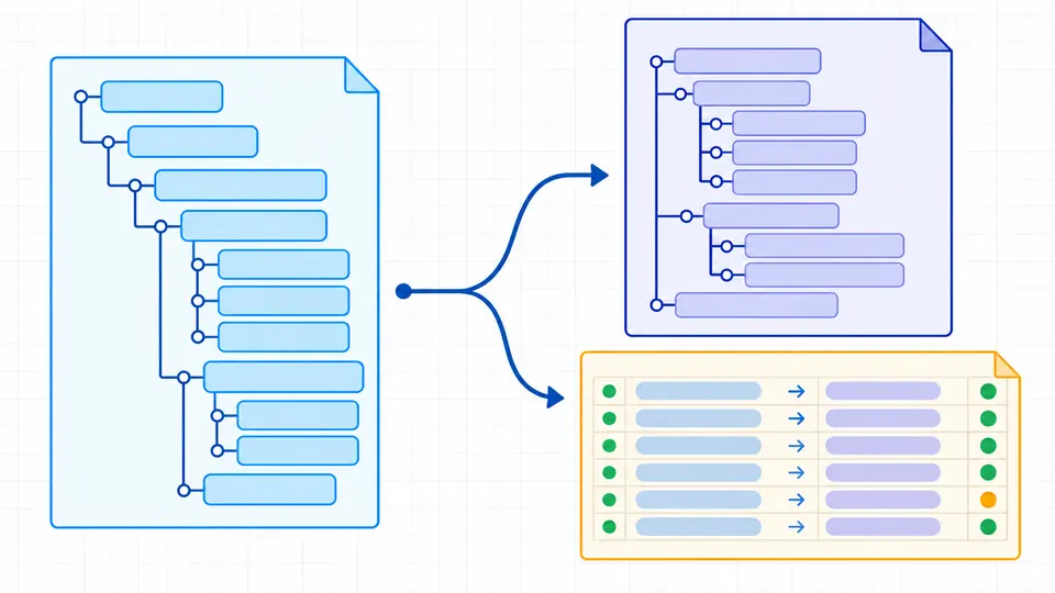 An XSD tree branches into a JSON Schema document and a row-by-row mapping report.