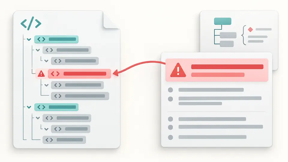 A marked XML value connects to its source line and an error report.