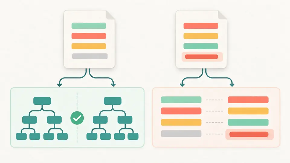 The same two source cards feed a matching tree view and a separate line view where reordered lines and a comment edit are highlighted.